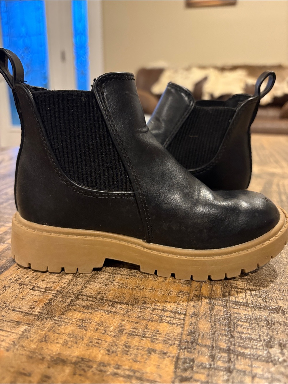 Old Navy Black Chelsea Boots with Tan Lug Sole